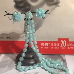 VINTAGE 1950s WEST GERMAN 2 STRAND  AQUA IRIDESCENT BEADED NECKLACE EARRINGS